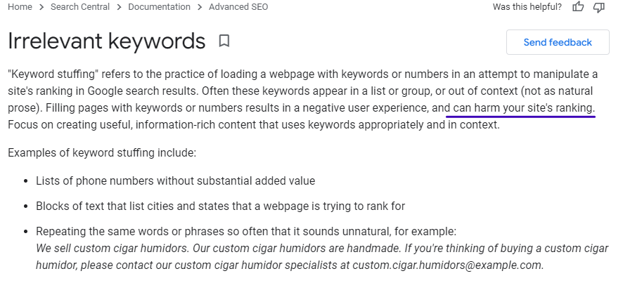 google on keyword stuffing